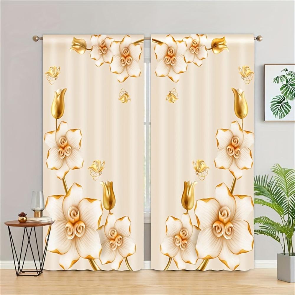 2Pcs Luxury Blue Floral Flower Vase Girl Window Treatment Curtains Blinds For Living Room Kids Bedroom Kitchen Door Home Decor