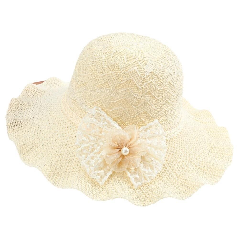 Lace Bow Wide Brim Knitted Hat Solid Color Beach Sun Hat Fashion UV Protection Cap Travel