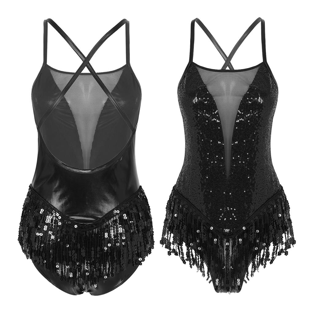 Women Cha-cha Samba Performance Leotard Cross Back Sequins Fringe Bodysuit for Latin Dance Stage Costume