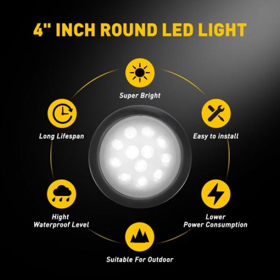 2x White 4" Inch Round LED Truck Trailer Reverse Backup Tail Stop Turn Light 12V