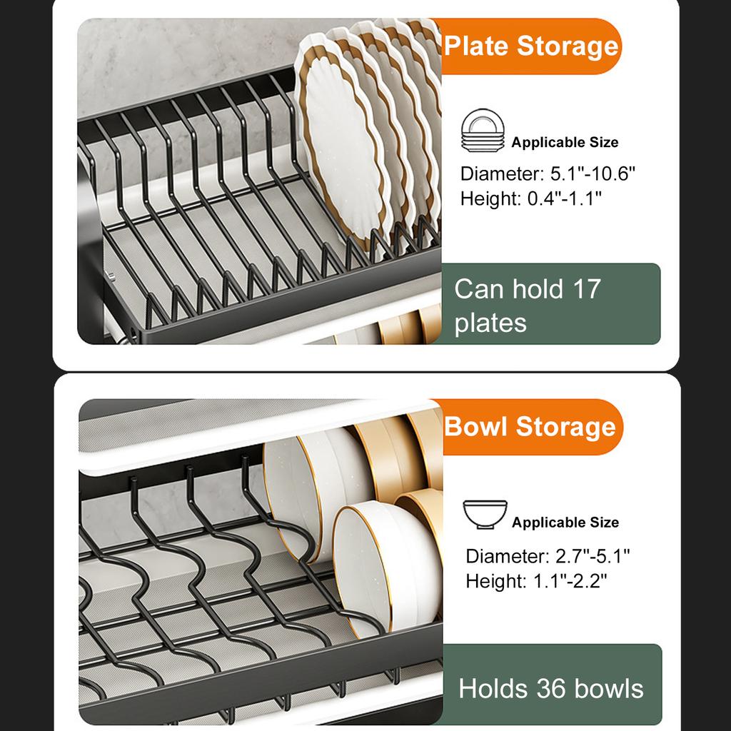 Large Dish Drying Rack for Kitchen 2-Tier Rust-Resistant Dish Rack with Utensil Holder&Cutting Board Holder Dish Drainer Black