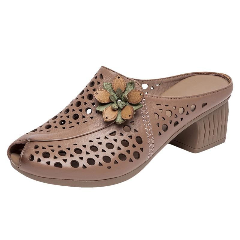 Полые дышащие тапочки, женская обувь из натуральной кожи на толстом каблуке, шлепанцы в стиле ретро с открытым носком