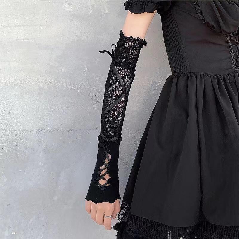 Women Lolita Jk Lace Fingerless Gloves Black Gothic Strapping Sunscreen Sleeve Clothing Accessories Elastic Mesh Punk Gloves