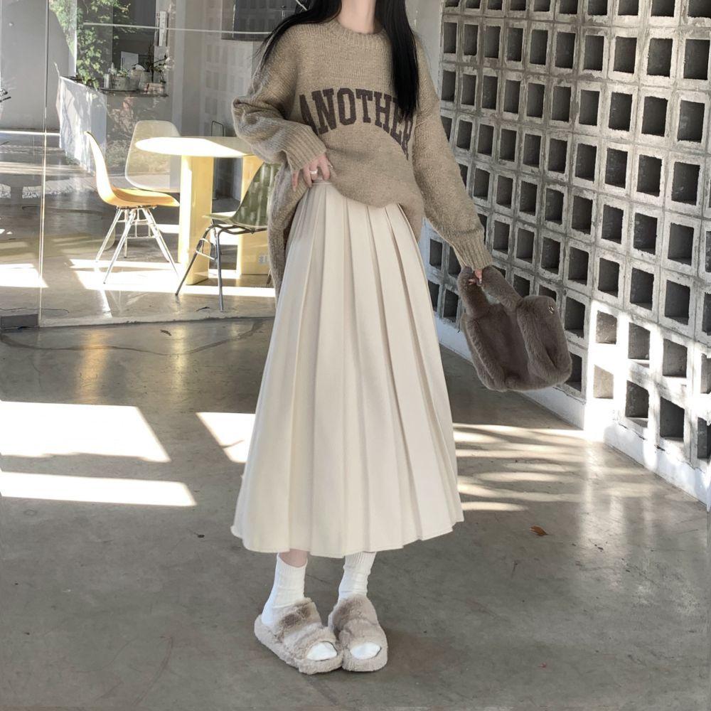 Длинная плиссированная юбка, женская винтажная корейская модная однотонная юбка трапециевидной формы с высокой талией, элегантная повседневная осенняя школьная юбка для девочек