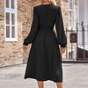 Женское повседневное и модное осенне-зимнее однотонное платье средней длины с v-образным вырезом и поясом