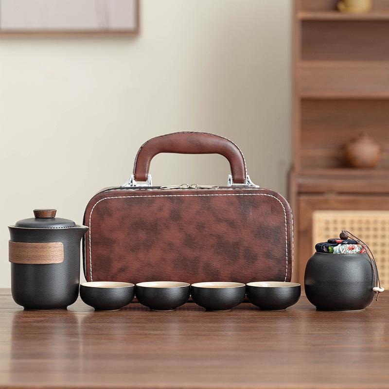 Simple Kung Fu tea set style coarse pottery teapot portable tea making set business souvenir gift high-end set