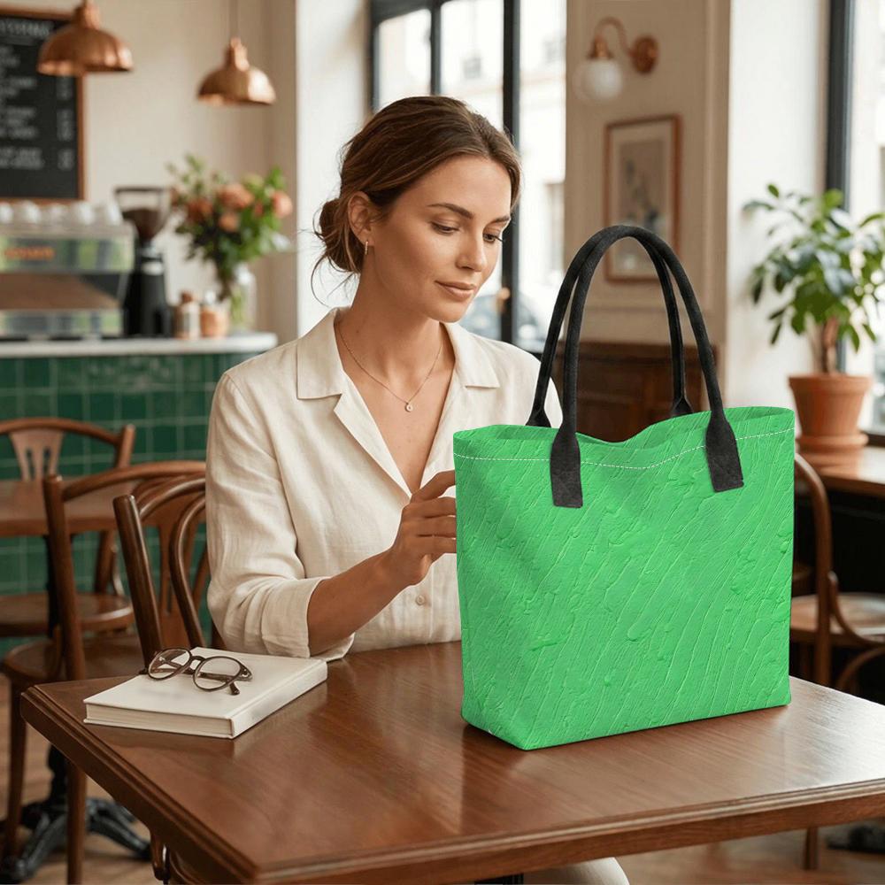 Green Textured Tote Bag Casual Large Capacity Shoulder Handbag for Daily Use