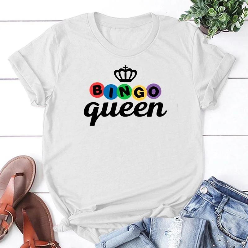 Summer Short Sleeved Harajuku Streetwear Women New Bingo Queen Print Casual Round Neck Aesthetic Clothes
