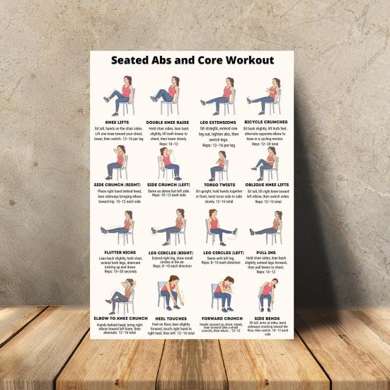 2 Sheets Seated Core Exercise Poster, Chair Workout Chart for Abs, Home Gym Wall Art, Strength Training Guide for Seniors