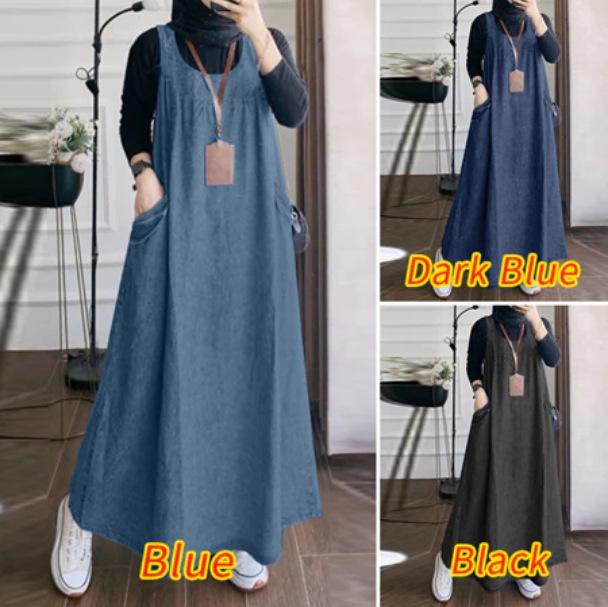 Модный женский повседневный свободный сарафан без рукавов, сарафаны, однотонный, абайя, платье, летний джинсовый синий мусульманский комбинезон