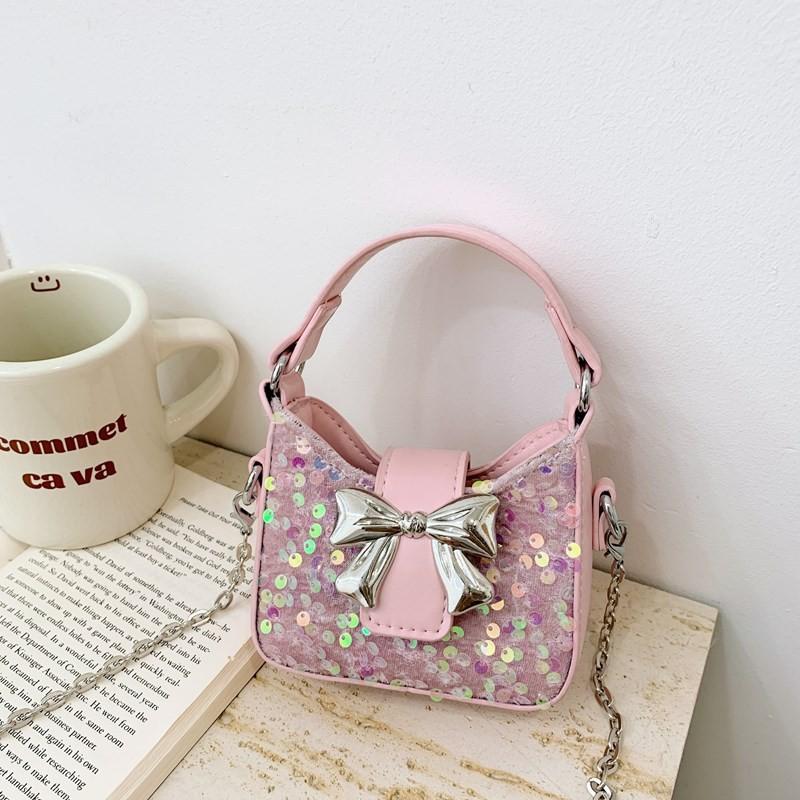 Kids Girl Butterfly Bow Sequin Mini Shoulder Bag With Breathable Pu Material For Daily Use