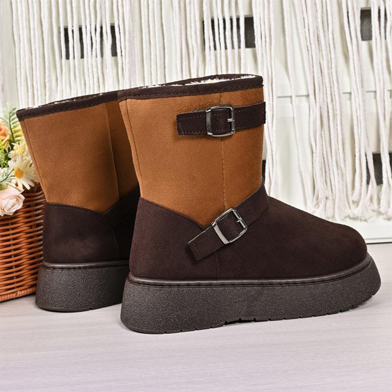 Vintage Buckle Detor Snow Boots Women Winter Mix Color Faux Suede Snow Boots Woman Short Plush Platform Warm Booties Female