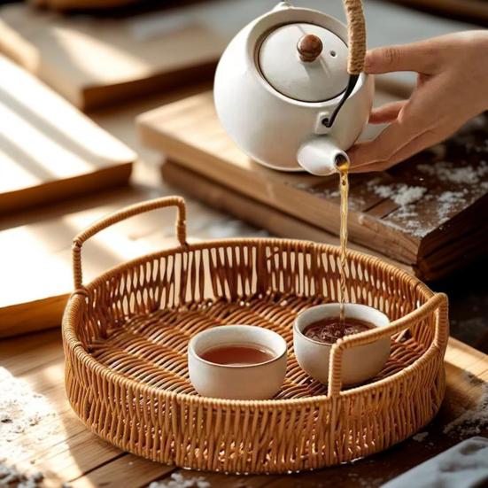 Imitation Rattan Fruit Basket, Round Rattan Tray, Steamed Bread Basket, Food Storage Basket, Eco-Friendly Kitchen Organizer, Farmhouse Home Decor