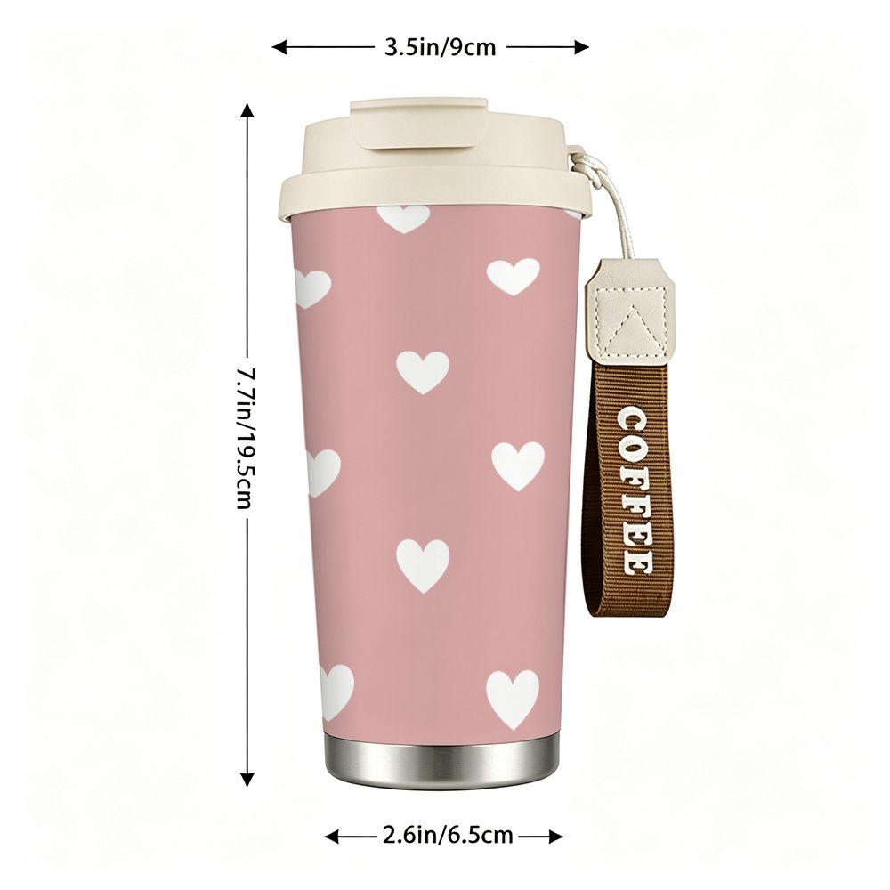 Cute White Heart Pattern Dusty Pink Reusable Insulated Coffee Tumbler, Stainless Steel Vacuum Thermal Mug for Women Girls Gift Office School Travel