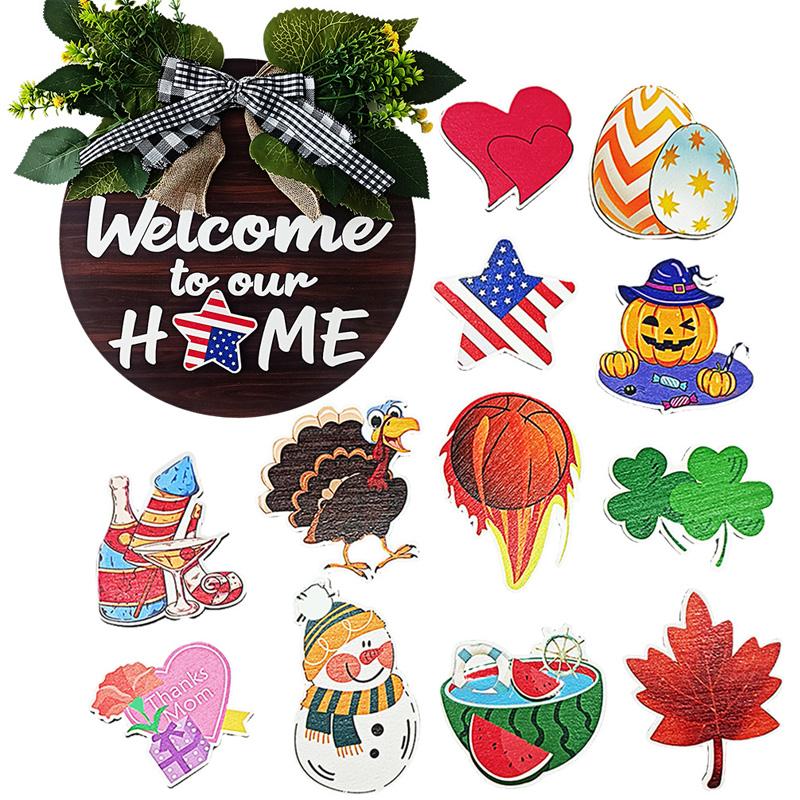 1 шт. декоративная табличка на дверь, подвесная табличка, деревянные венки, взаимозаменяемые с 12 круглыми магнитными значками для украшения входной двери