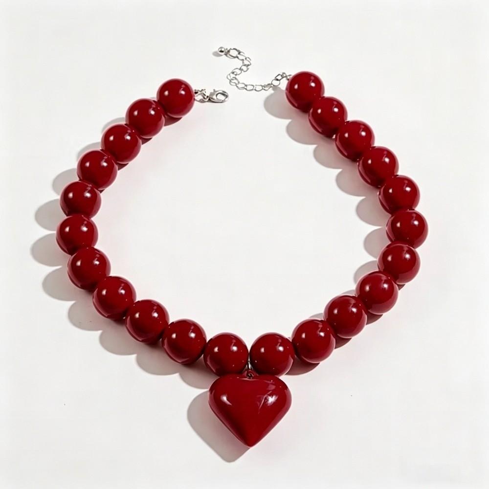 Acrylic Beaded Necklace Round Clavicle Chain Chunky Style Heart Pendant Choker For Women