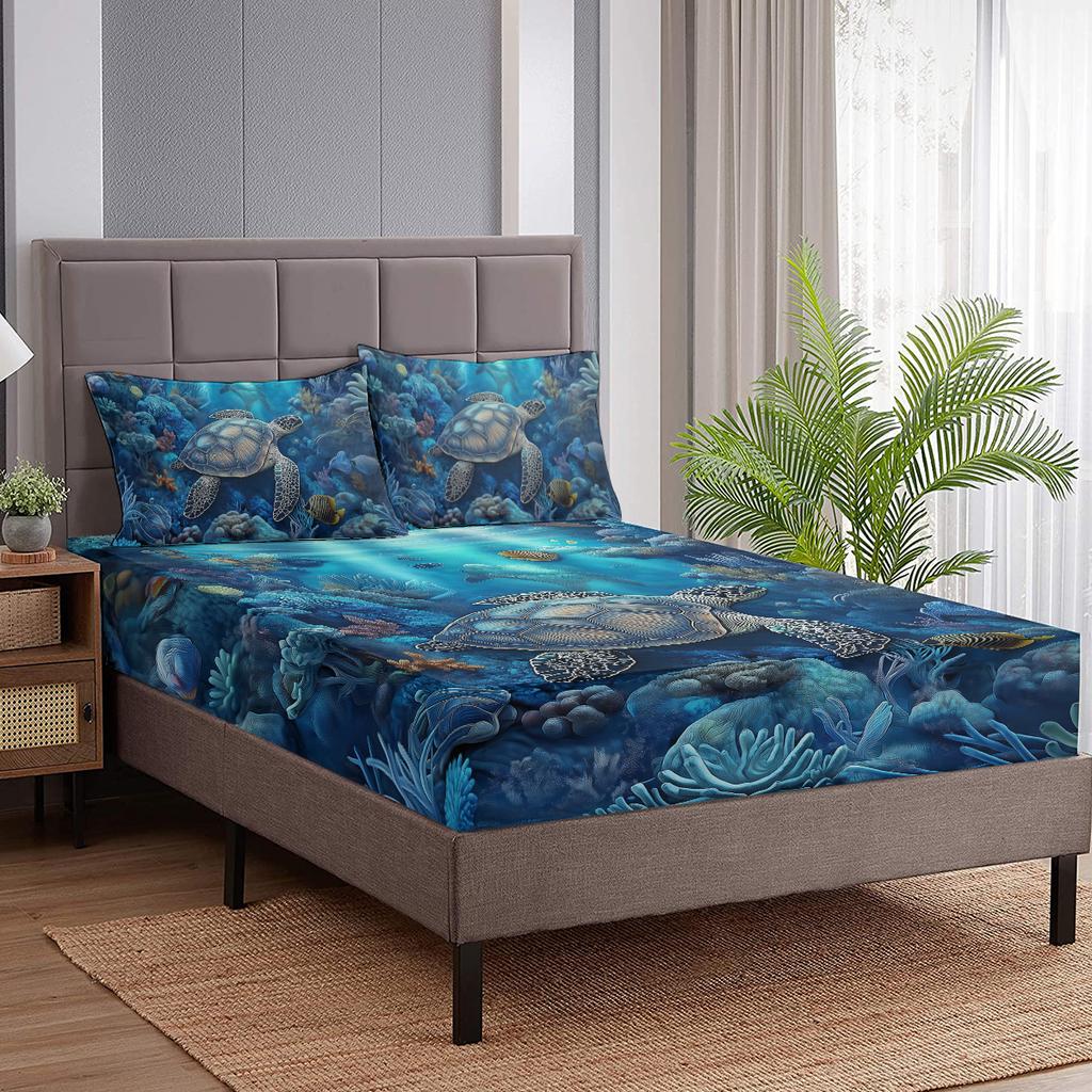Sea Turtle Pattern 3-Piece Bedding Set With 2 Pillowcases For Living Room And Bedroom (Ocean World, Room, Decoration)
