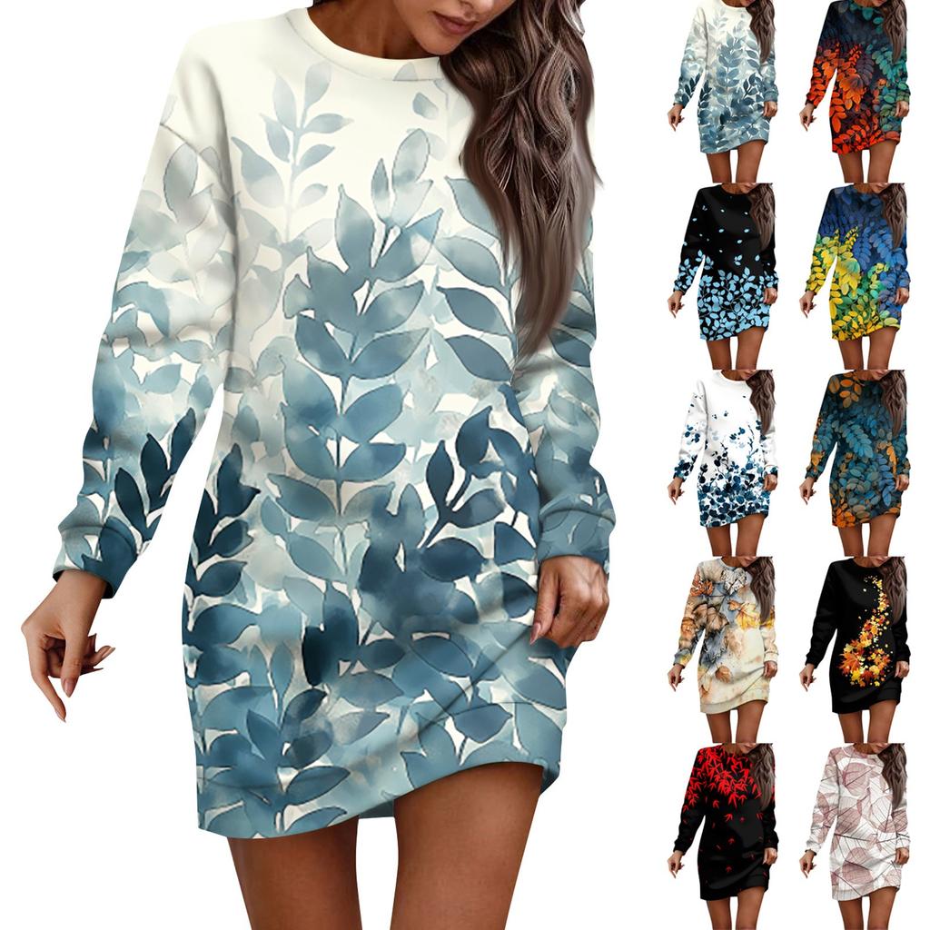 Платье с длинным рукавом для женщин, повседневное пуловер с цветочным принтом, платье-свитер, осень
