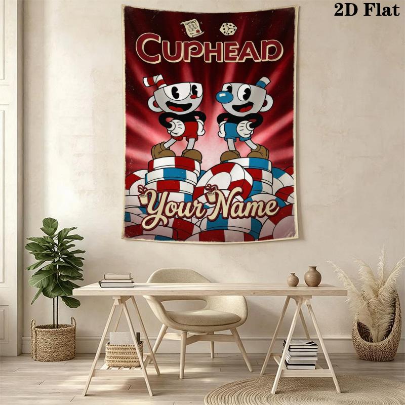 Name Custom Cuphead Wall Tapestry Aesthetic Wall Hanging Printed Fabric Blanket Decorative Tapestries for Bedroom Living Room Home Decor