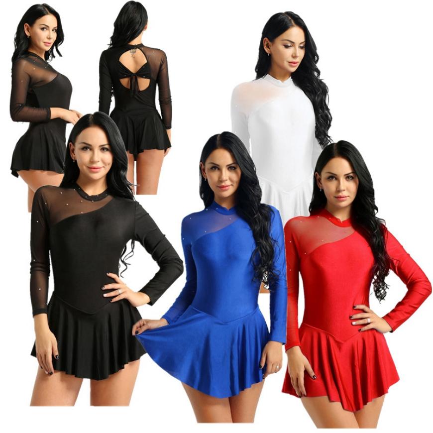 Женское платье для катания на коньках, купальник с длинным рукавом и бретелькой на шее, танцевальные платья, костюм для фигурного катания