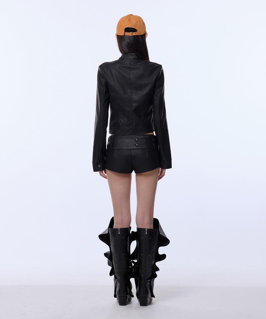 GILAARCHIVE Choker Napoleon Crop Leather Jacket_Black