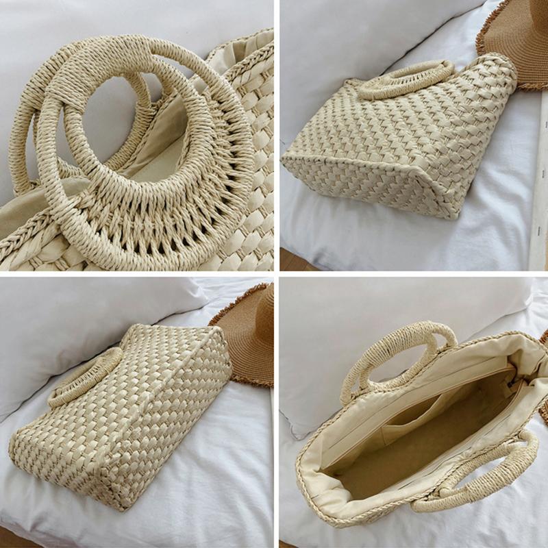 Yogodlns Straw Handbag Women New Straw Beach Bag Hand-Woven Simple Wild Summer Vacation Travel Trend Retro Casual Rattan Bag