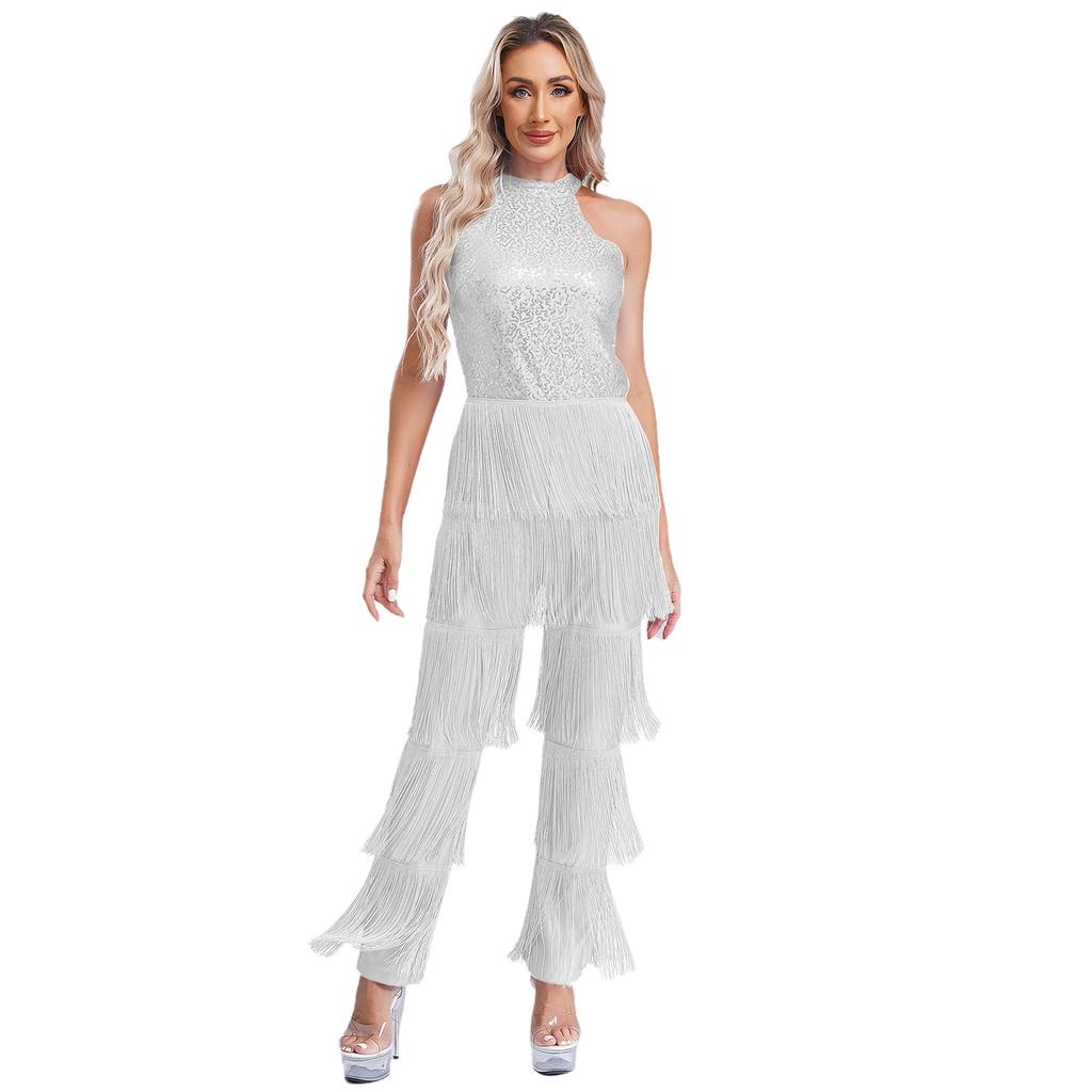 Women Sleeveless Jazz Costume Flowy Tassel Rompers Performance Dancewear Fringe Jumpsuit Tango Cha-Cha Samba Dancing Party Dress