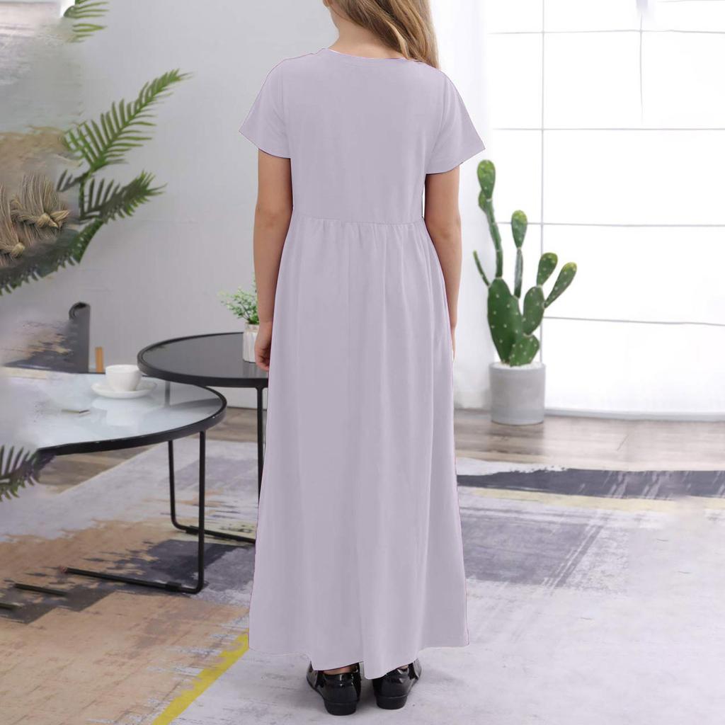 Летнее платье для девочек с круглым вырезом, короткими рукавами и карманами, длинной юбкой