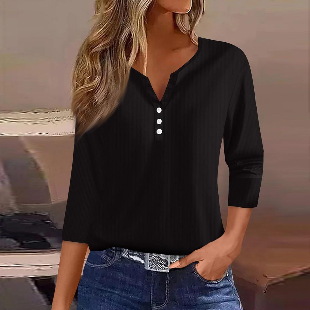 Women's T Shirt Tee Print Button 3/4 Sleeve Tunic Daily Weekend Fashion Basic V- Neck Regular Top