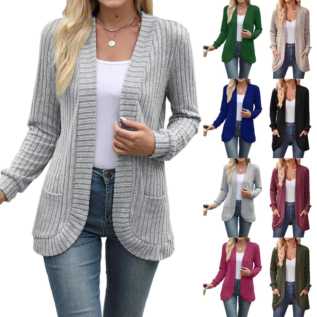 Women Ladies Solid Color Long Sleeve Length Cardigan Sweater Coat Top