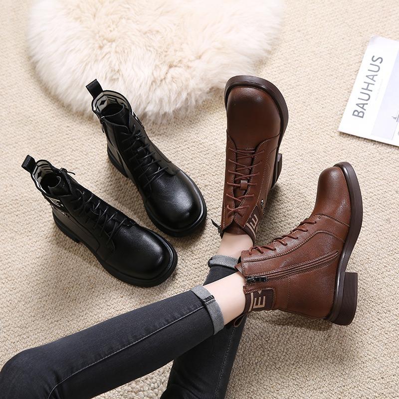 Зимние женские кожаные ботинки хлопковая обувь высокие ботинки Мартин модный тренд бархатные высокие на толстой подошве теплые зимние ботинки