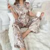 Luxurious Satin Pajamas for Women Flower Print Sleepwear   Autumn Short Sleeve Lapel Collar Top Pants Pyjama Home Clothes
