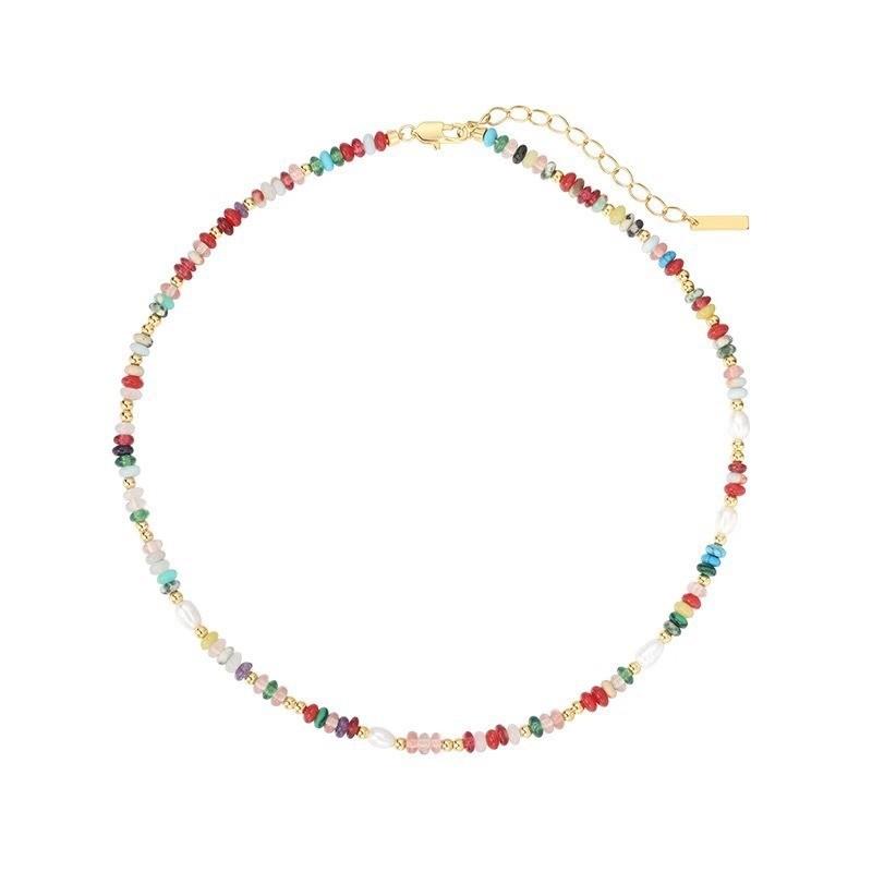 Colorful glass bead necklace with dopamine-inspired design, featuring mixed natural stones, rice-shaped freshwater pearls, and a unique, niche