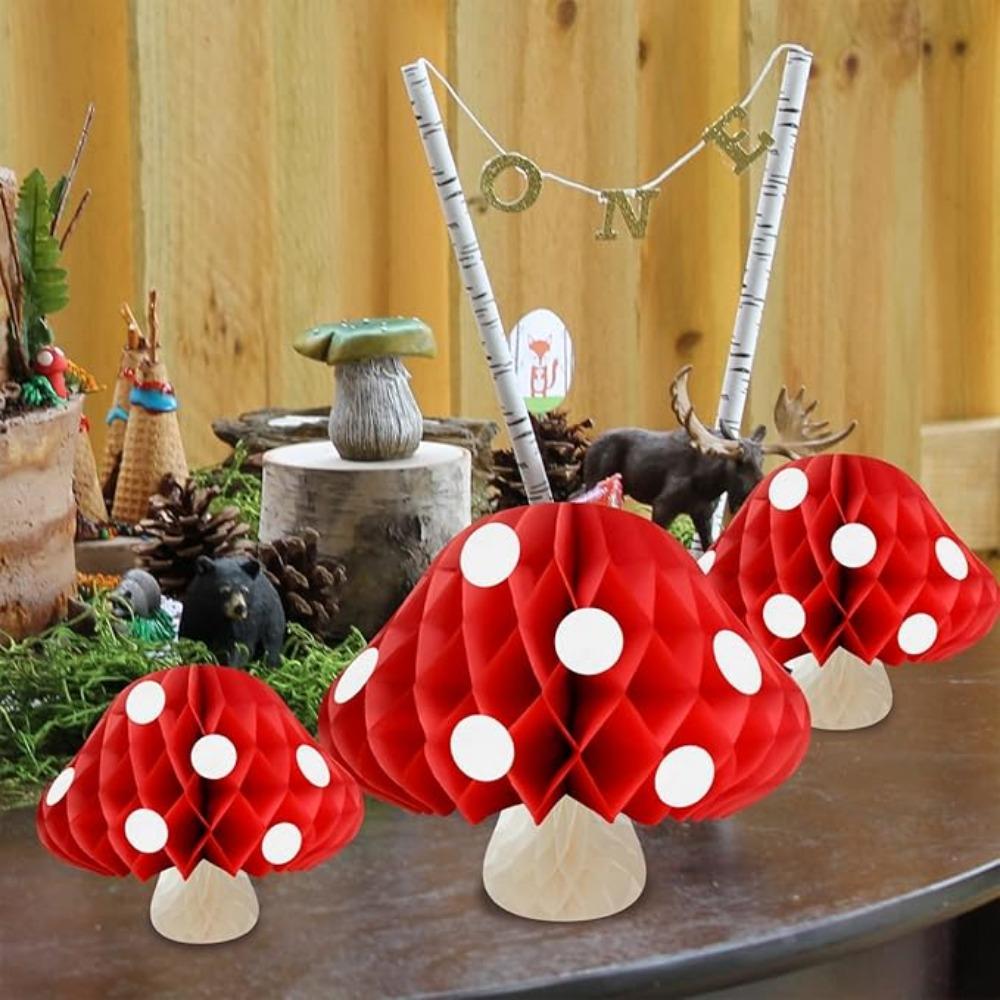 3 Pcs Party Decorations, Mushroom Honeycomb Balls - Pulled Paper Lanterns - 20/30 Cm