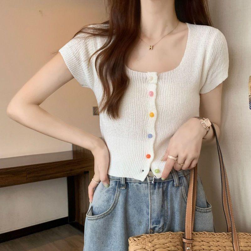 Элегантный и тонкий квадратный вырез, радужная однобортная рубашка, летний свитер с короткими рукавами, футболка с короткими рукавами