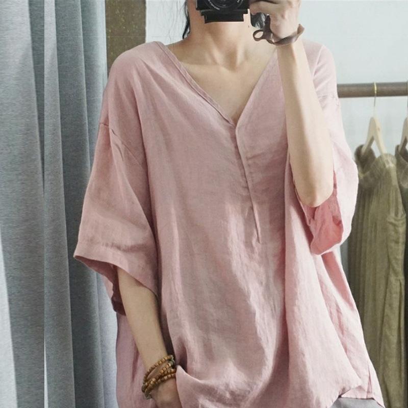 Summer New Half-sleeved Casual Loose Large Size Meat Covering Comfortable V-neck Top Short-sleeved T-shirt Solid Color Women's Clothing