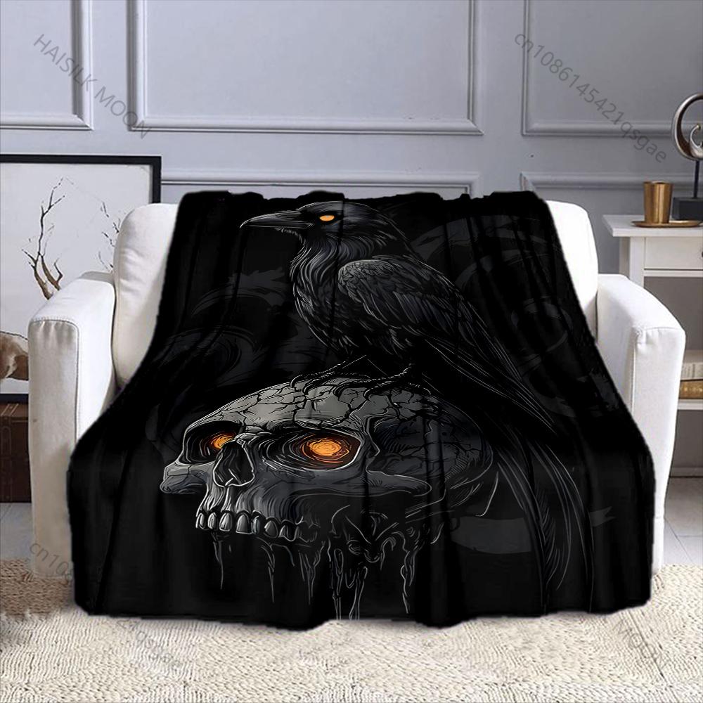 1PC Raven on glowing skull Print Adult Children Warm Blankets Home Travel Car Soft and Comfortable Suitable for all seasons