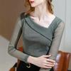 Women's Summer Long Sleeve Top Sexy V-Neck Slim Fit Mesh Bottoming Shirt