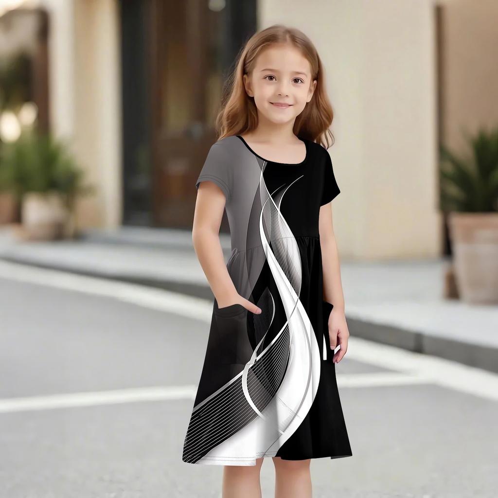 Детская юбка с круглым вырезом и коротким рукавом, платье принцессы, модное повседневное платье с карманами для девочек