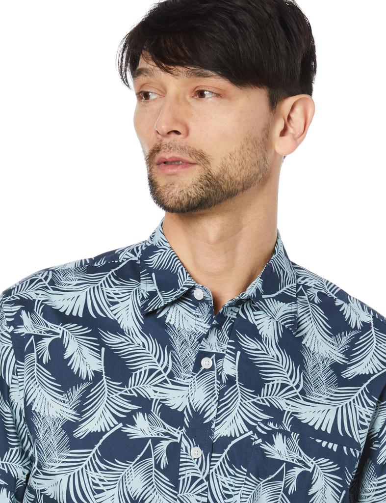 Amazon Essentials Рубашка с коротким рукавом обычного кроя с узором цвета морской волны и листьями пальм, размер XL, мужской дизайн,