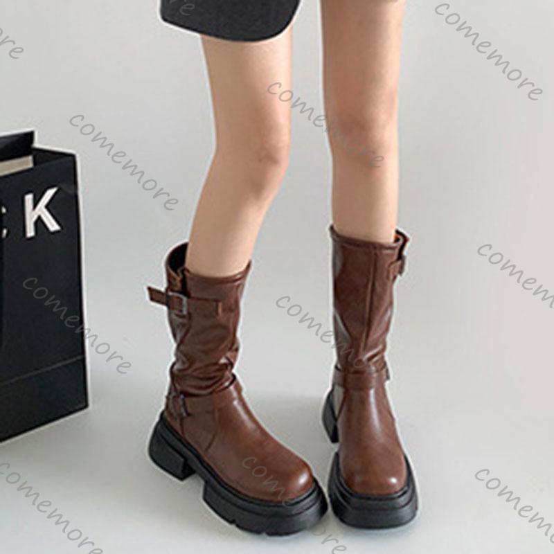 Празднуйте Винтажные Ботинки до середины икры на толстой подошве Женские Осенние из мягкой кожи в западном стиле Короткие ботильоны Женские ботинки на массивном каблуке