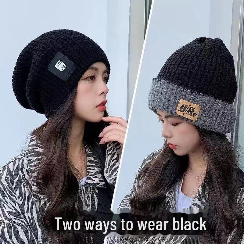 Женская шапка из плотной шерсти для большой головы — теплая, свободная вязка с ушами для осени и зимы