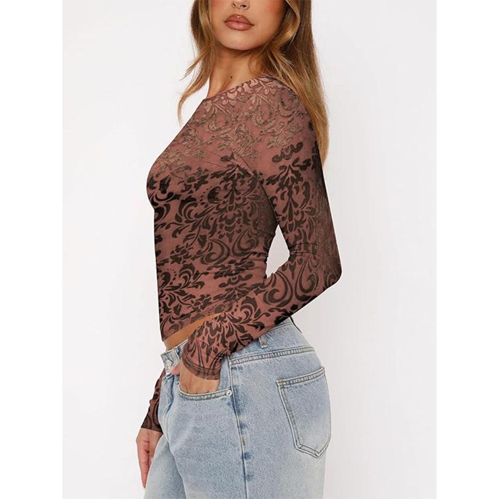 Long Sleeve Shirts for Women Round Neck Floral Tops Slim Fit Casual Fall Work Blouses Going Out Outfits