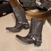 Women's Boots 2024 Winter Leather Boots Riveted Belt Buckle Pointed Party Cosplay Fashion Shoes Size 42 Waterproof Outdoor Boots