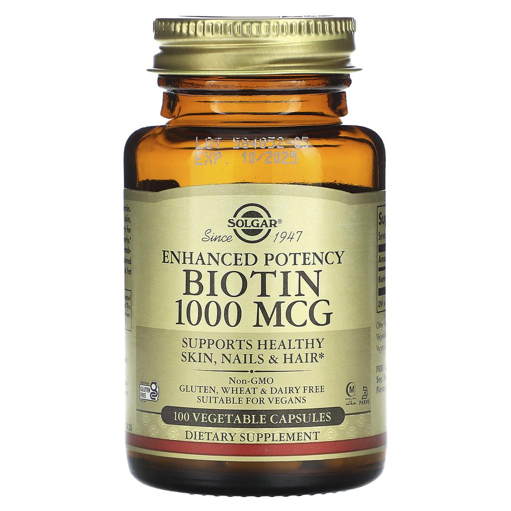 Solgar Enhanced Potency Biotin, 1,000 Mcg, 100 Veggie Capsules
