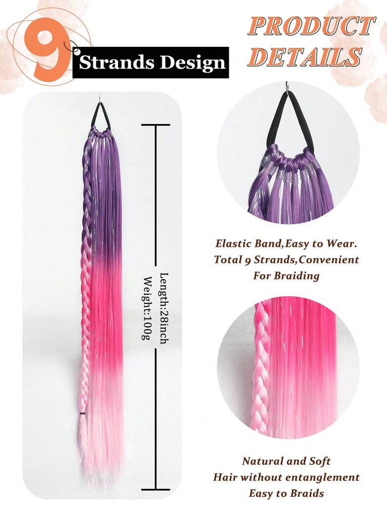 Синтетический градиентный многоцветный длинный прямой конский хвост с резинкой и металлической проволокой цветной 28-дюймовый конский хвост для ежедневного использования