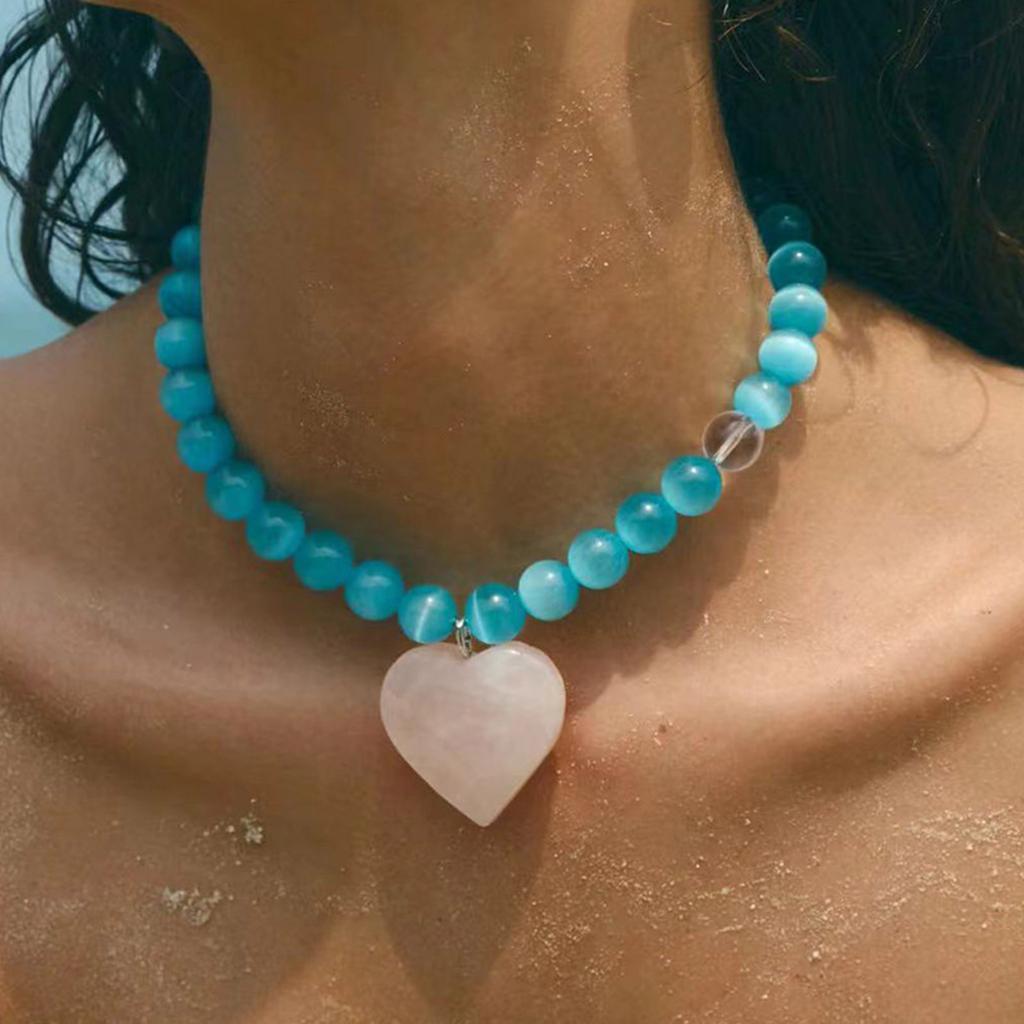 Elegant Love Heart Blue Cats Eye Stone Beaded Necklace Symbolizing Love and Tenderness for Trendy Women Casual Wear