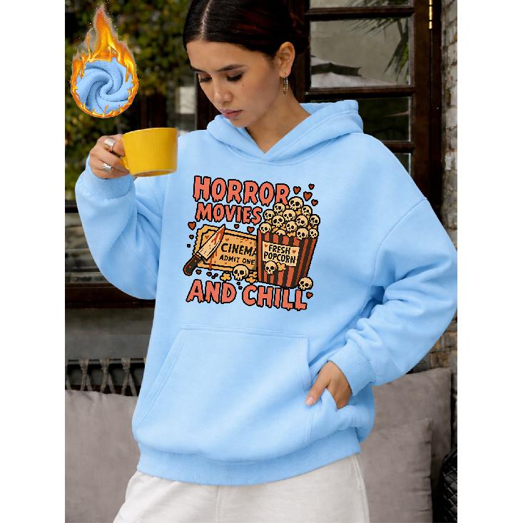 Women's Horror Movie Popcorn Print Fleece Hoodie - Unique Graphic Pullover Sweatshirt with Kangaroo Pocket