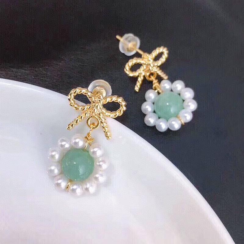 New Chinese antique bow stud earrings women's versatile high-end sense jadeite jade woven natural freshwater pearl earrings
