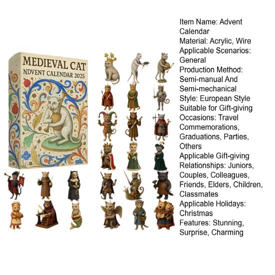 Medieval Cat Advent Calendar 2025 24 Day Christmas Countdown with 24 Collectible Medieval Cat Acrylic Ornaments for Cat Lovers Art Fans